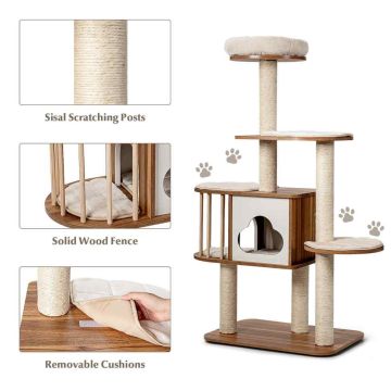 Cat tower with scratching posts, 4 levels, Sand, 68 × 48 × 142 cm