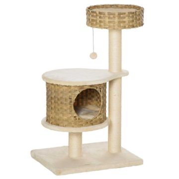 Домик для кошек с когтеточкой PawHut 55x47x95см, кремовый/светло-коричневый