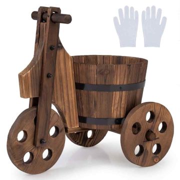 Rustic wooden tricycle pot with drainage hole, 3 wheels