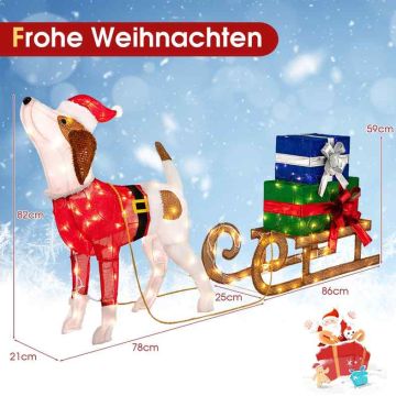 Christmas light decoration with puppy and sleigh, 170 warm LED bulbs