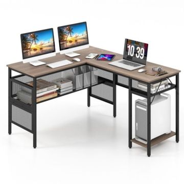 Corner computer desk, reversible, with shelves and charging station