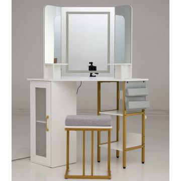 Corner vanity table, corner, with triple mirror and stool, White, 108 × 143 × 50 cm