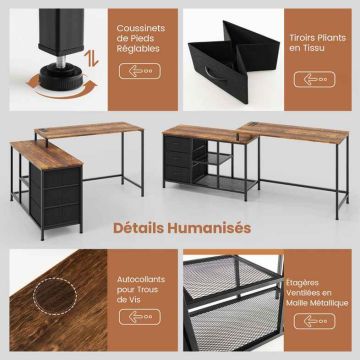 Corner desk, 2 in 1, 3 drawers, Brown, 140 × 105 × 75 cm