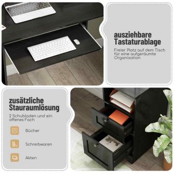 Corner desk, L-shaped, 2 drawers, Black, 168 × 168 × 76 cm