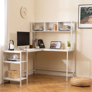 Corner desk, L-shaped, with shelves, White, 150 × 120 × 148 cm