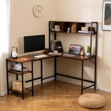 Corner desk, L-shaped, with shelves, Brown, 150 × 120 × 148 cm