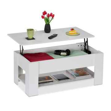 Kafijas galdiņš Relaxdays 10049654_49, ar atveramu virsmu un plauktu, Balts, 98 × 42 × 50 cm