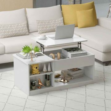 Coffee Table, With 2 Shelves and Cabinet, White/Brown, 40 × 20 × 18–23.5 inches
