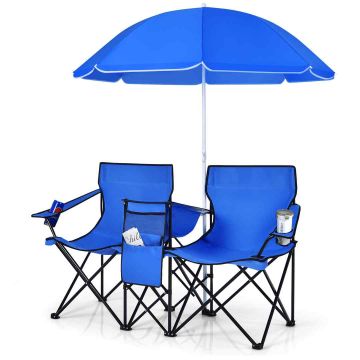 Camping chair, double, with umbrella, Black, 160 × 55 × 118–178 cm