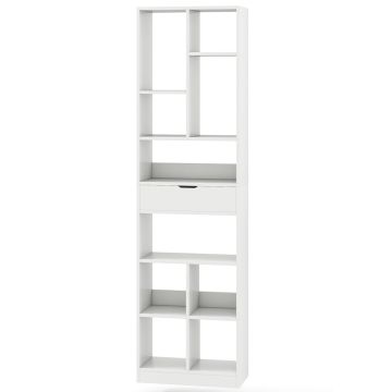 Bookshelf, 10 compartments, 1 drawer, White, 50 × 24 × 180 cm
