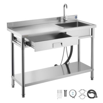 Коммерческая кухонная мойка VEVOR SS1200-5, левая, 1 чаша, ящик, 120 × 50 × 94 см