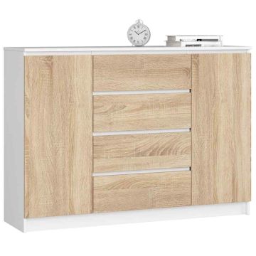 Kumode NORE K140 ar 4 atvilktnēm, balta/ozola krāsā