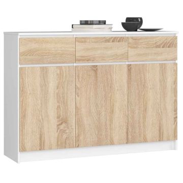 Kumode K140 ar 3 atvilktnēm, balta/ozola krāsā