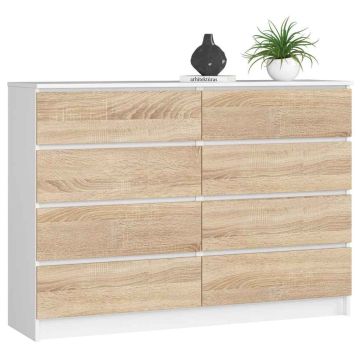 Kumode NORE K140 ar 8 atvilktnēm, balta/ozola krāsā