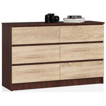 Комод NORE K120 с 6 ящиками, темно-коричневый/дубовый цвет.