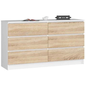 Kumode NORE K140 ar 6 atvilktnēm, balta/ozola krāsā