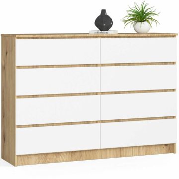 Комод K140, 8 ящиков, дубовый/белый, 138 × 99 × 40 см