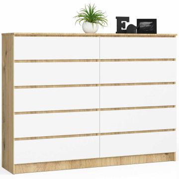 Комод K160 CLP, 10 ящиков, дубовый/белый, 160 × 121 × 40 см