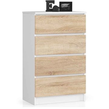 Kumode NORE K60 ar 4 atvilktnēm, balta/ozola krāsā