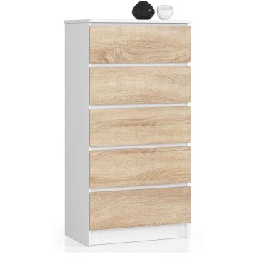 Kumode NORE K60 ar 5 atvilktnēm, balta/ozola krāsā
