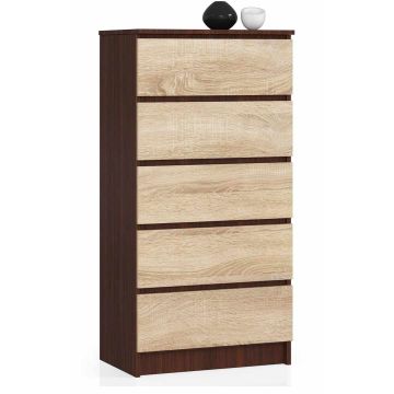 Kumode NORE K60 ar 5 atvilktnēm, tumši brūna/ozola krāsā