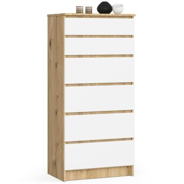 Комод K60, 6 ящиков, белый/дубовый, 60 × 130 × 40 см