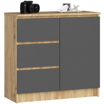 Комод K80 JERRY, 1 дверца, 3 ящика, дубовый/серый, 80 × 77 × 35 см