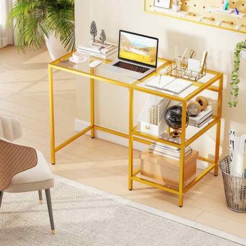Computer desk, 2 shelves, Gold, 106 × 77.5 × 51 cm