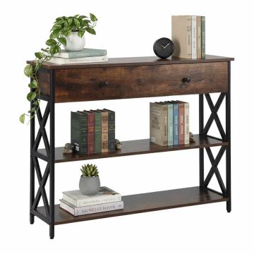 Konsoles galds Relaxdays, 3 plaukti un atvilktne, Brūns/melns, 100 × 80 × 30 cm