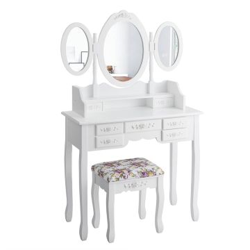 Cosmetic set with three-sided mirror and padded stool, white