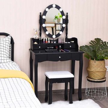 Vanity table, 3 drawers with stool, Black, 75 × 143.5 × 40 cm