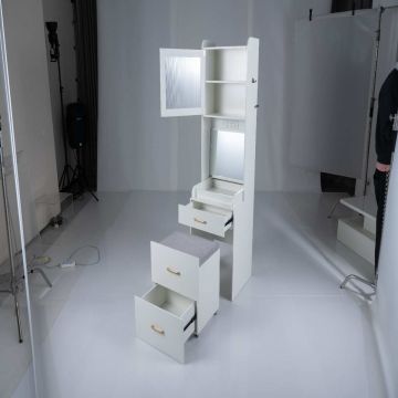Vanity table, with stool and folding mirror, White, 51.5 × 51.5 × 175 cm