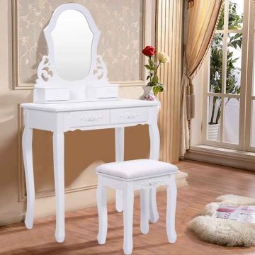 Vanity table, with mirror, 4 drawers and stool, White, 74.9 × 39.9 × 134.9 cm