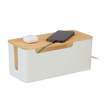 Kabeļu kaste Relaxdays, 2 kontaktligzdām, Balta/ozola, 31 × 13 × 14 cm