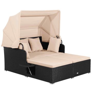Outdoor lounger, With retractable canopy and side trays, 165.1 × 153.7 × 148.6 cm