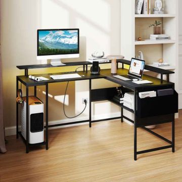 L-shaped gaming desk with RGB LED lighting, integrated charging station, black