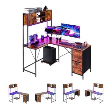 L formas spēļu galds VEVOR DX0202-C250340D-01, apgriežams, ar pieslēgvietām, statīvu un atvilktnēm, 158 × 110 × 165 cm