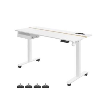 Augstumā regulējams elektriskais rakstāmgalds 60 x 140 cm ar rozetēm un USB portiem, balts