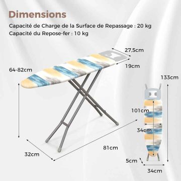 Ironing board, 7 height positions, 121 × 64–82 × 34 cm