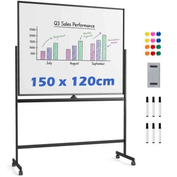 Magnetic whiteboard, double-sided, mobile, 156 × 54 × 195/215 cm