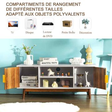 Media console with 2 cabinets and open shelves, white board and oak, for up to 127 cm TV