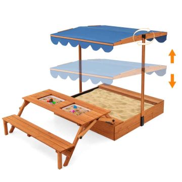 Wooden sandbox, with table and bench, 206 × 124 × 129 cm