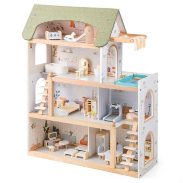 Wooden Interactive Dollhouse with 33 Toy Furniture, Green