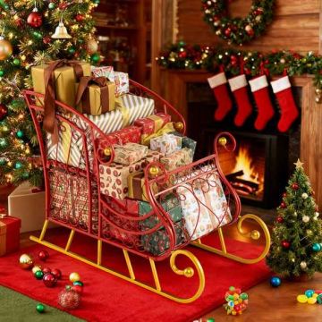 Metal Christmas Sleigh, 2 Shelves, Red/Gold, 33.5 × 16.5 × 24.5 inches