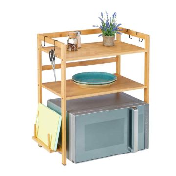 Стойка для микроволновой печи Relaxdays, 3 полки и 4 крючка, коричневая/чёрная, 61 × 67 × 35 см