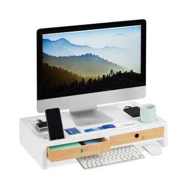 Monitora statīvs Relaxdays 10025710.0, 9 nodalījumi, 2 atvilktnes, Balta, 58,5 × 11 × 32,5 cm