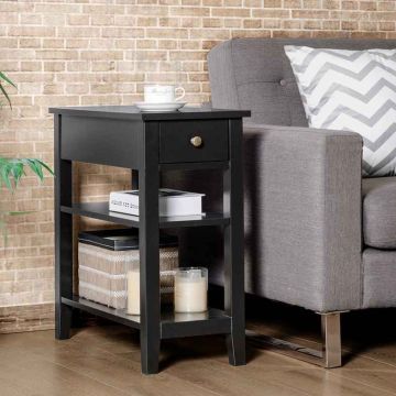 Bedside table, 1 drawer, 2 shelves, Black, 60.96 × 30.48 × 62.23 cm