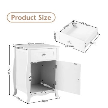 Bedside table, 1 drawer and 1 cabinet, White, 45.72 × 60.96 × 35.56 cm