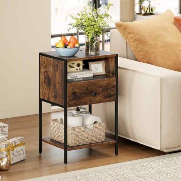 Bedside table, 2 pcs., with drawer and shelf, Brown/black, 39.4 × 64.8 × 31.8 cm
