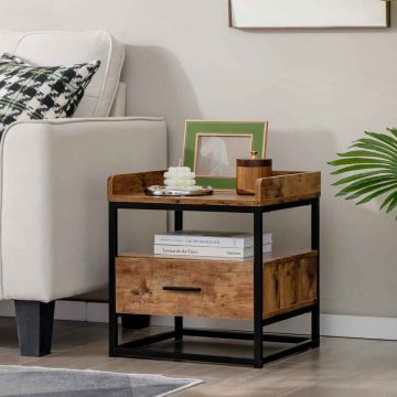 Bedside table, 3-tier, with drawer, Brown, 45 × 40 × 49 cm